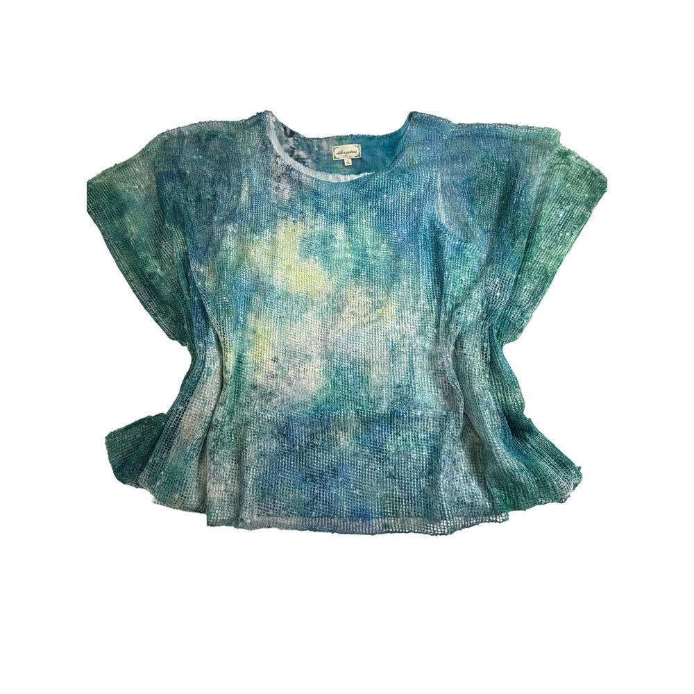 Cloth & Portrait Mesh Watercolor Top Size Large Blue Green Sheer Weave Artsy